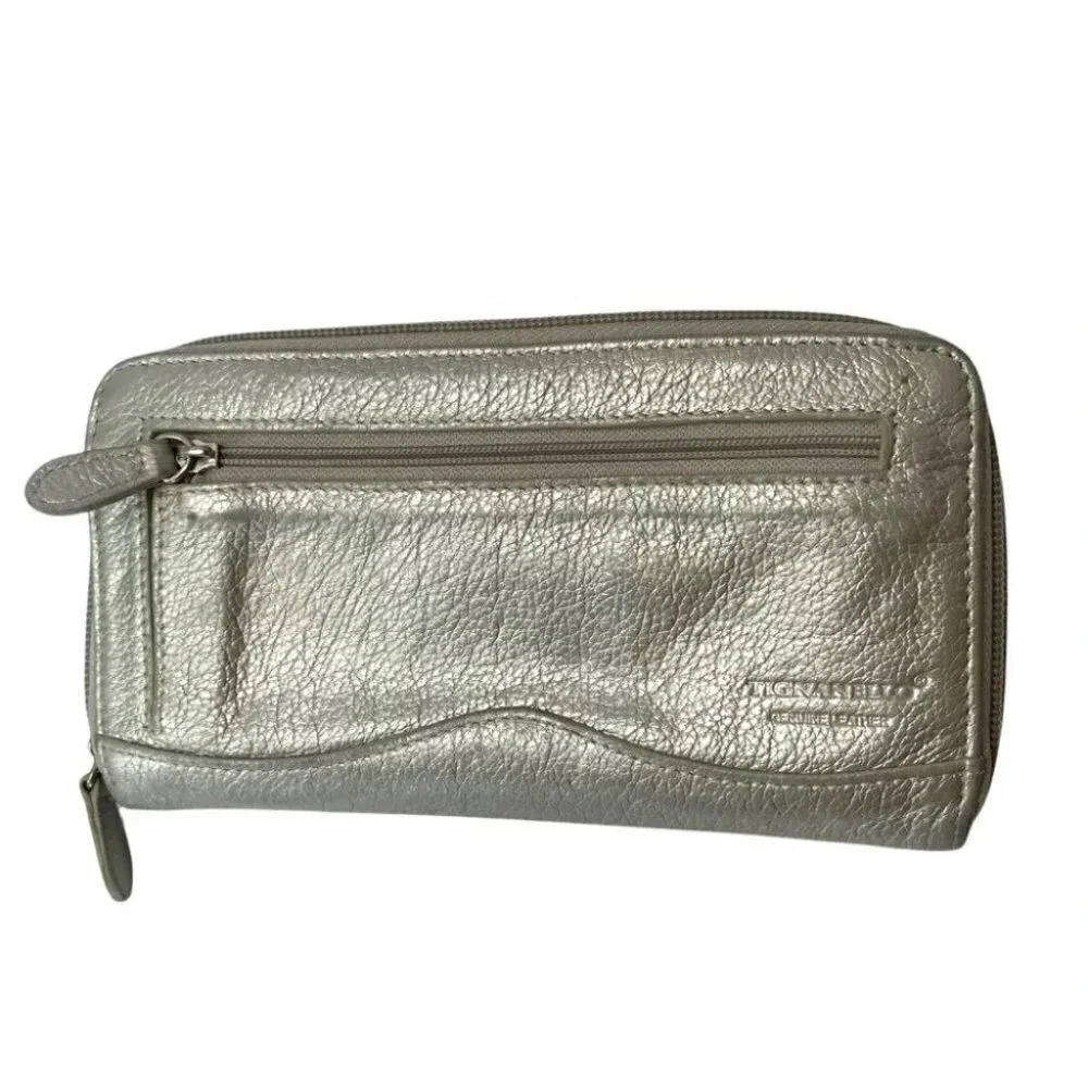 Tignanello Wallet OS Silver Metallic Leather Zip Around Continental Accordion‎